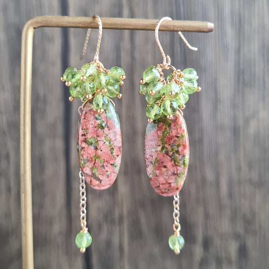 Unakite with Peridot Gemstone Cluster Earrings