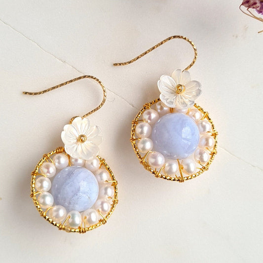 Round Fresh Water Pearl with Blue Lace Agate Gemstone & Flower Mother Of Pearl Earrings