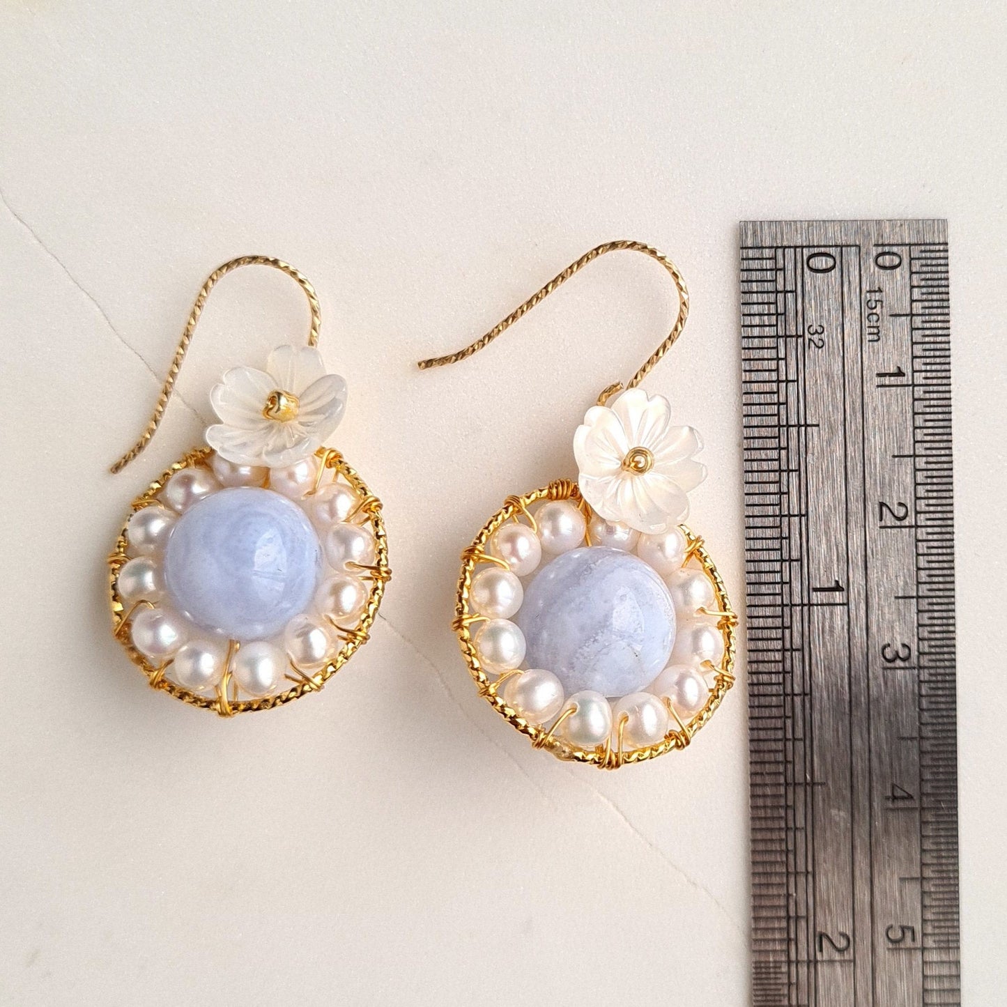 Round Fresh Water Pearl with Blue Lace Agate Gemstone & Flower Mother Of Pearl Earrings