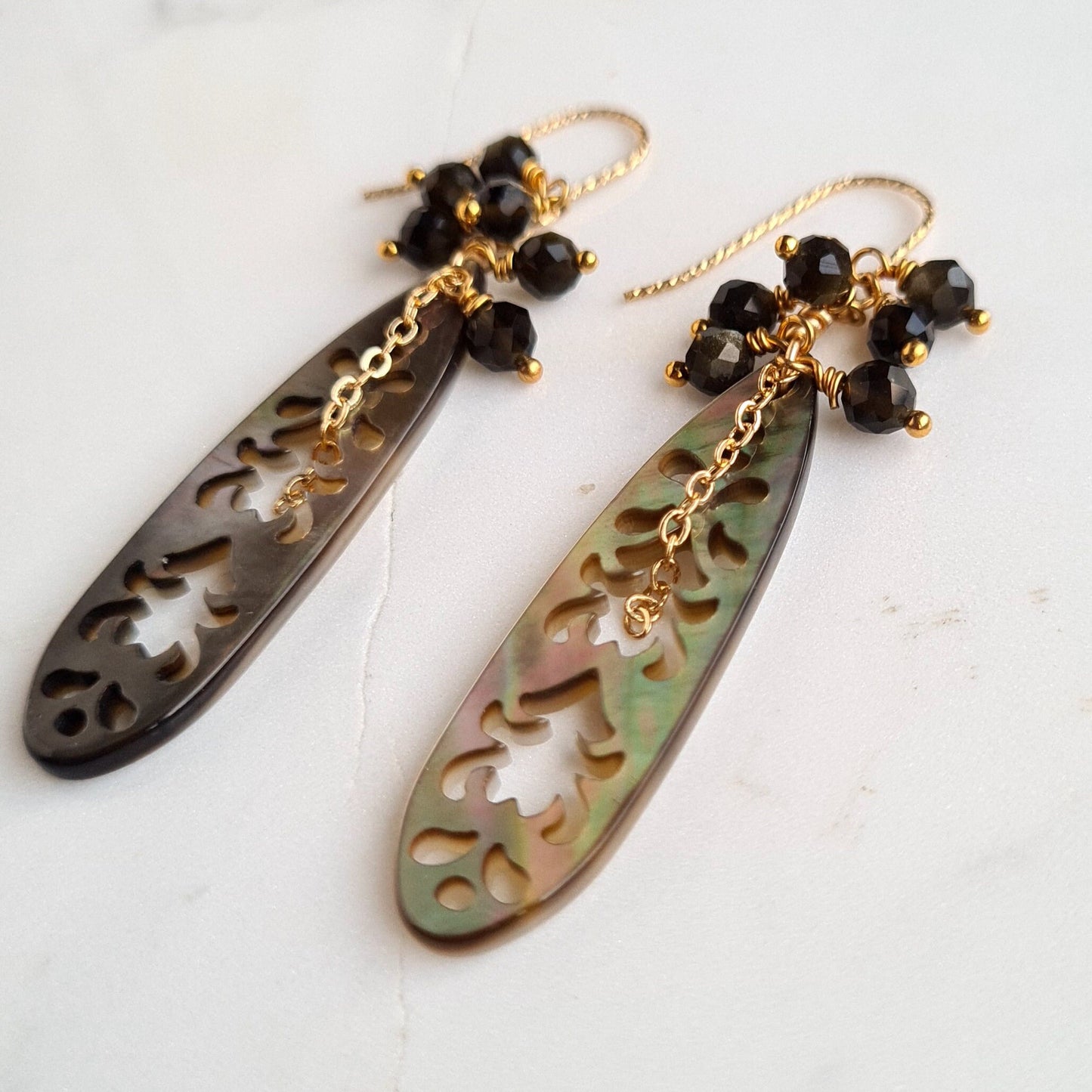 Black carved mother of pearl with golden obsidian cluster gemstone earrings
