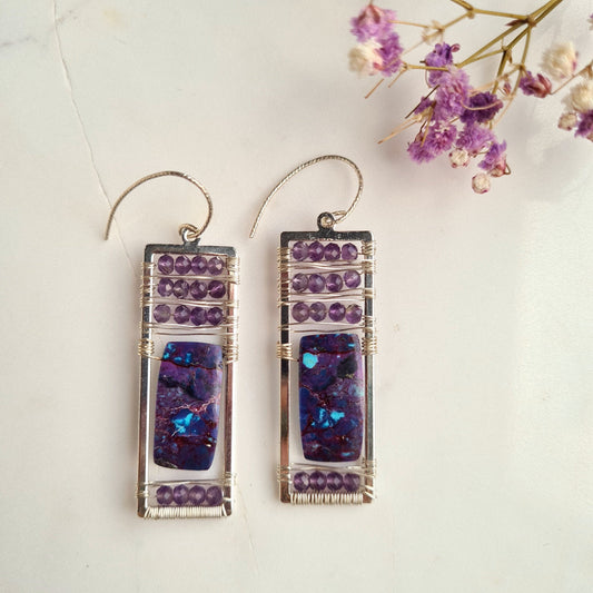 Purple Turquoise with amethyst caged in sterling silver rectangle frame Earrings