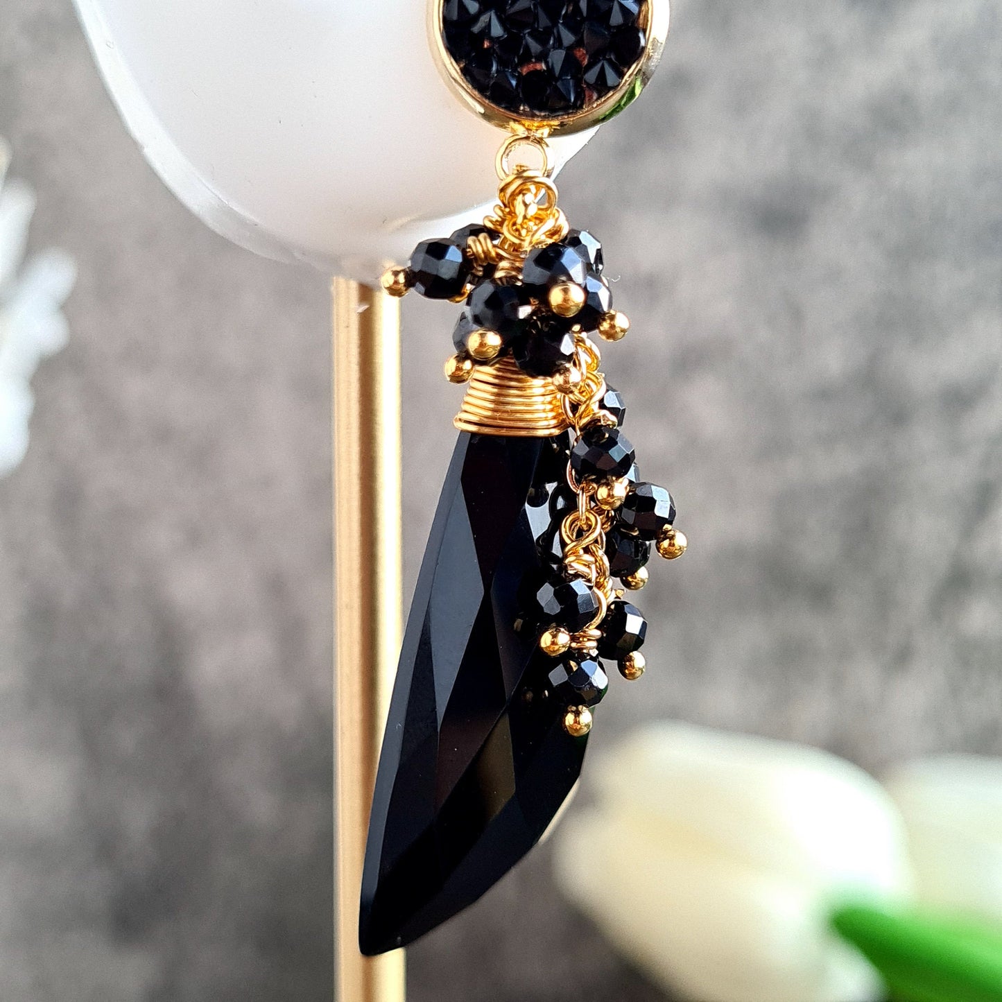 Black Onyx with Black Spinel Cluster Earring on Black pave stud