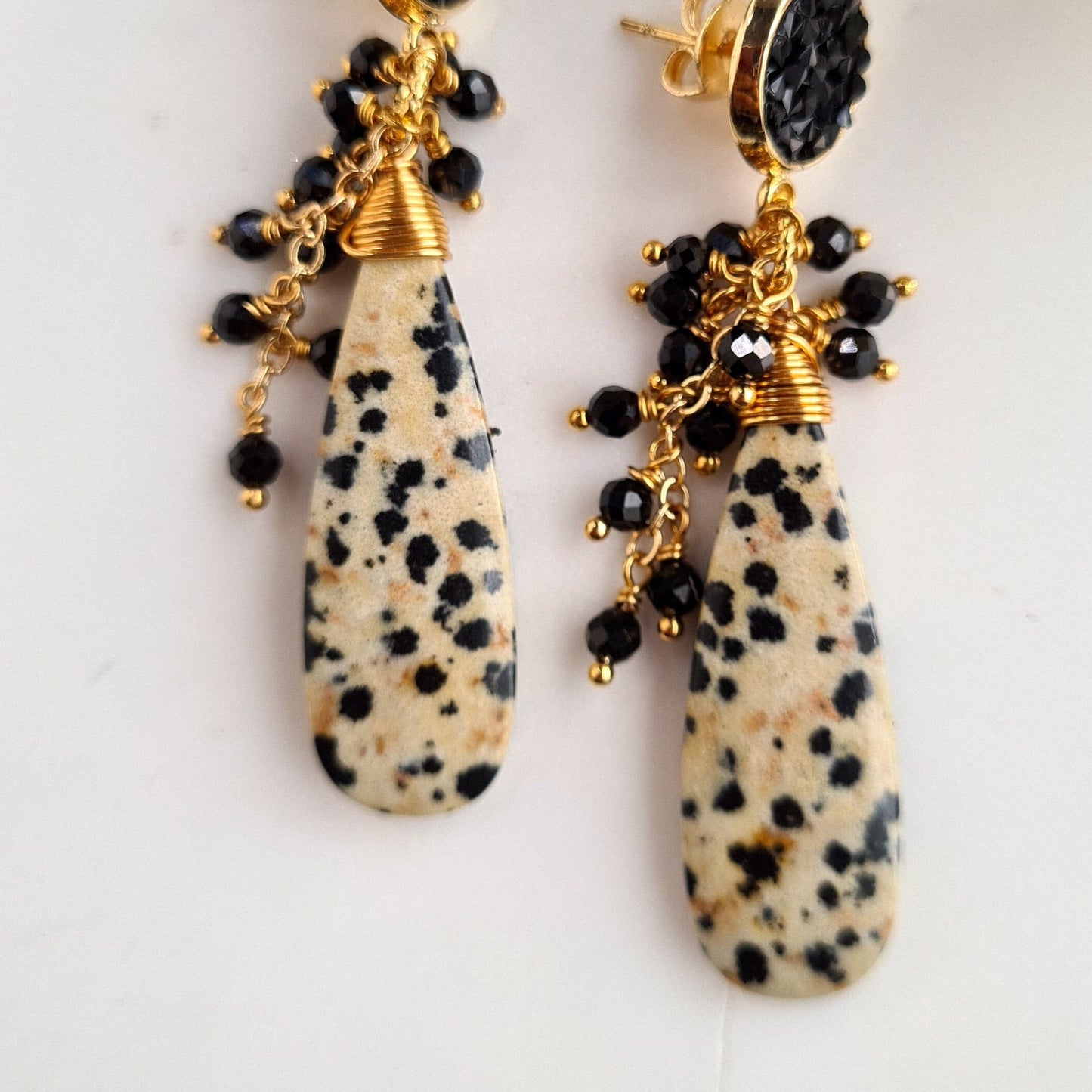 Dalmantian Jasper with Black Spinel Gemstone Cluster Earrings