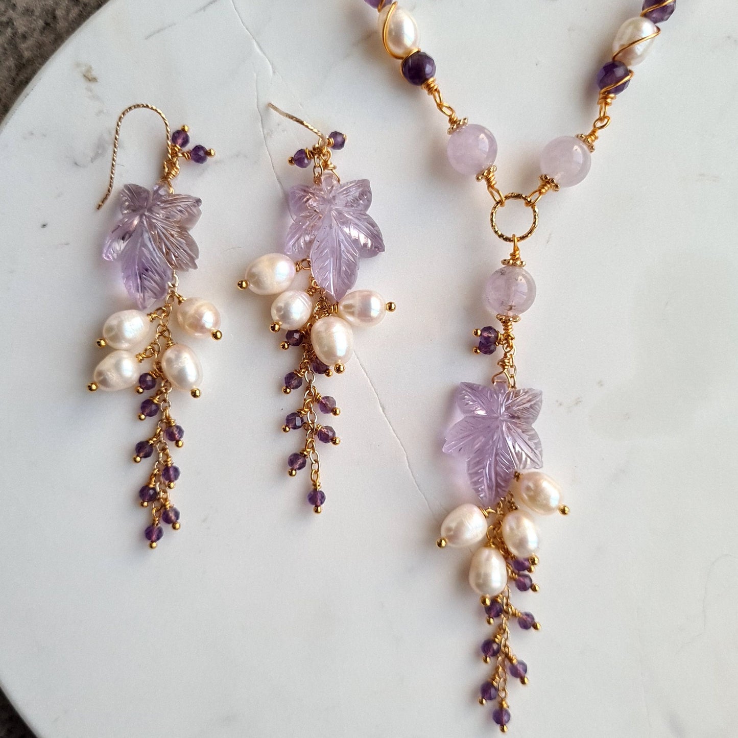 Pink Amethyst Flower Carved Gemstone Necklace & Earrings with Fresh Water Pearl and Amethyst Cluster Set