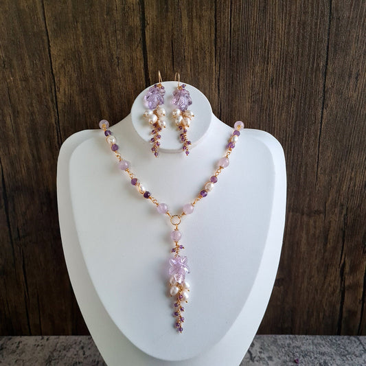 Pink Amethyst Flower Carved Gemstone Necklace & Earrings with Fresh Water Pearl and Amethyst Cluster Set