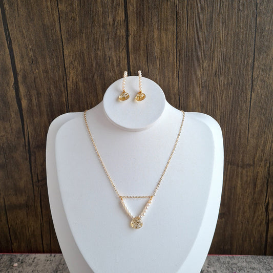 Gold Foil Crystal Quartz Doublet with Fresh Water Pearl Earrings & Necklace Set
