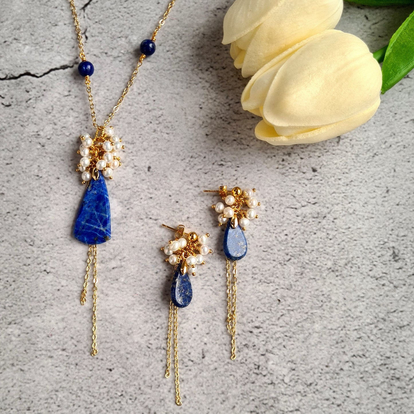 Lapis Lazuli Flat Cabochon with Fresh Water Pearl cluster Earrings & Necklace Set