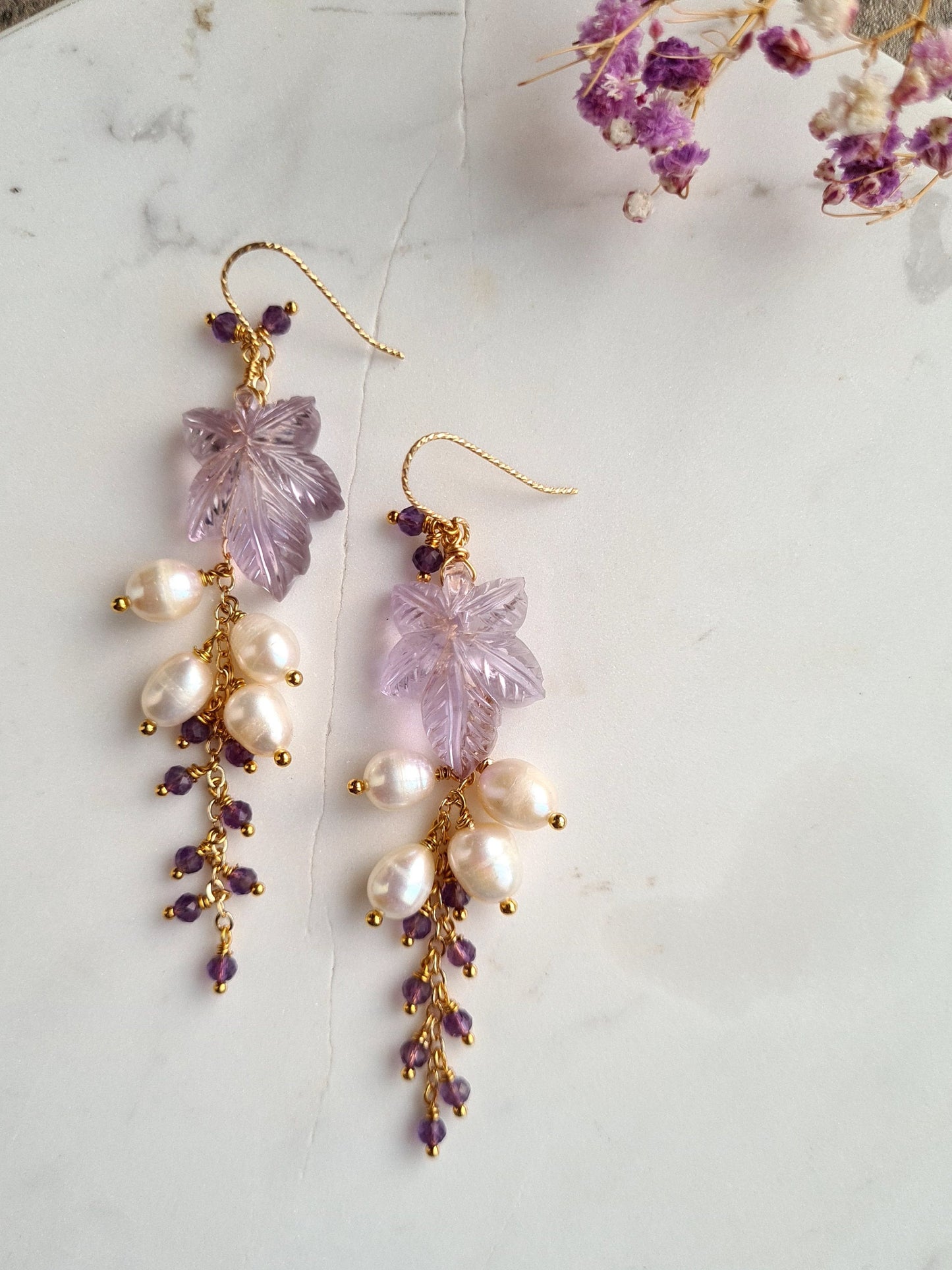 Pink Amethyst Flower Carved Gemstone Necklace & Earrings with Fresh Water Pearl and Amethyst Cluster Set