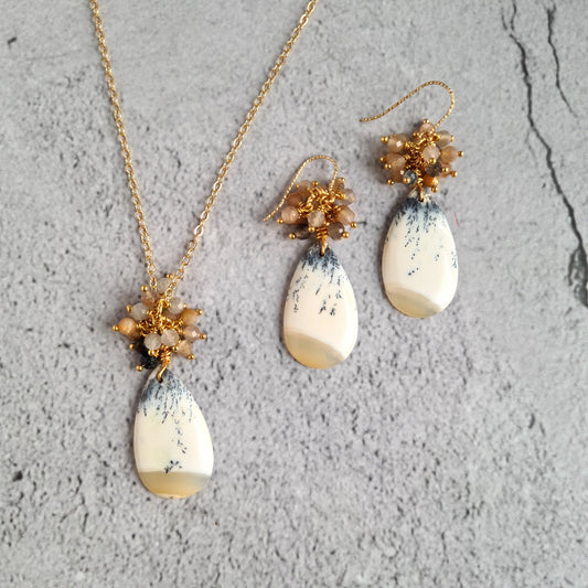 Dendrite Agate Cabochon Earrings & Pendant with chain Necklace Set