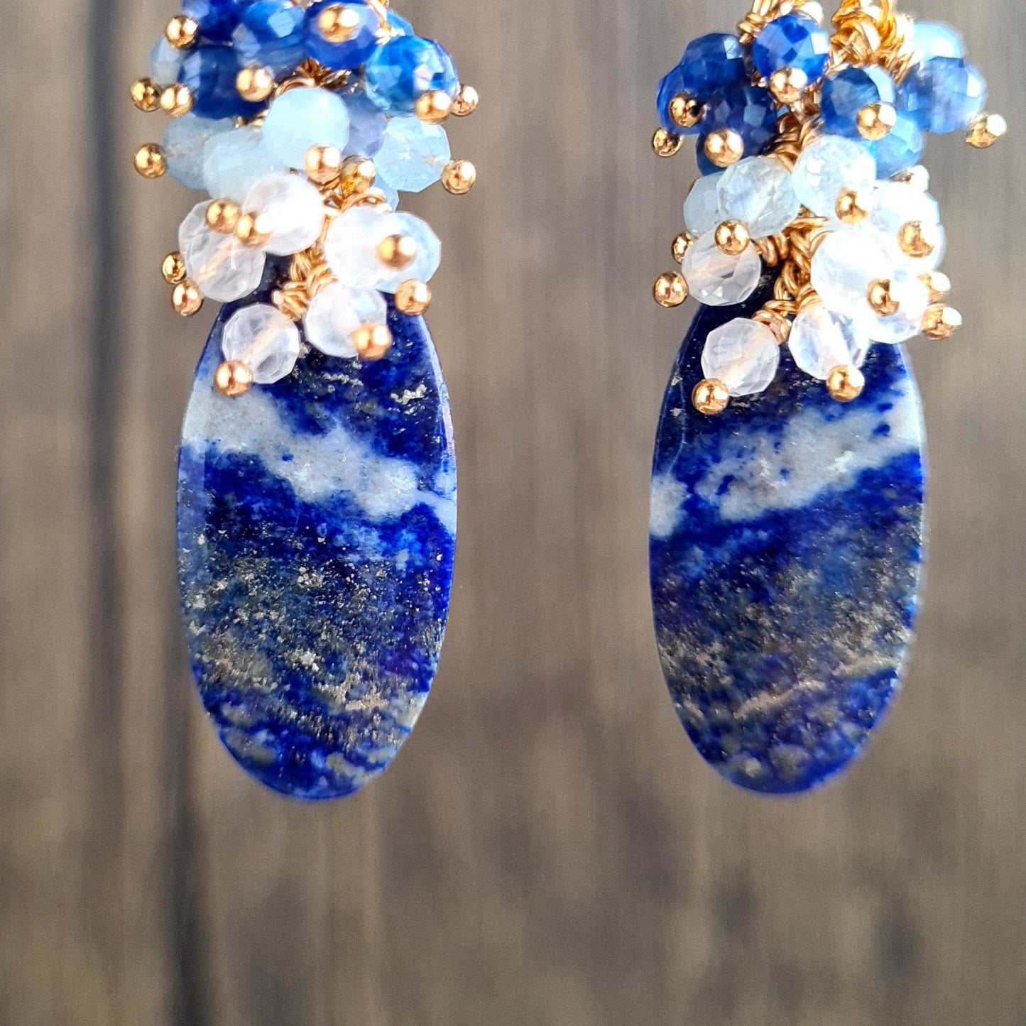 Lapis Lazuli with rainbow moonstone, aquamarine and kyanite gemstone cluster earrings