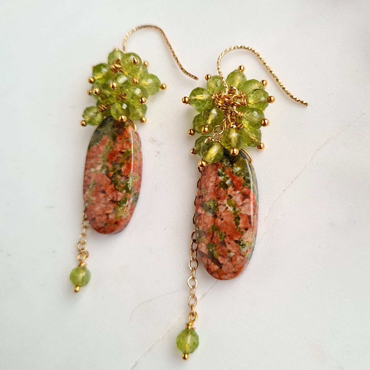 Unakite with Peridot Gemstone Cluster Earrings