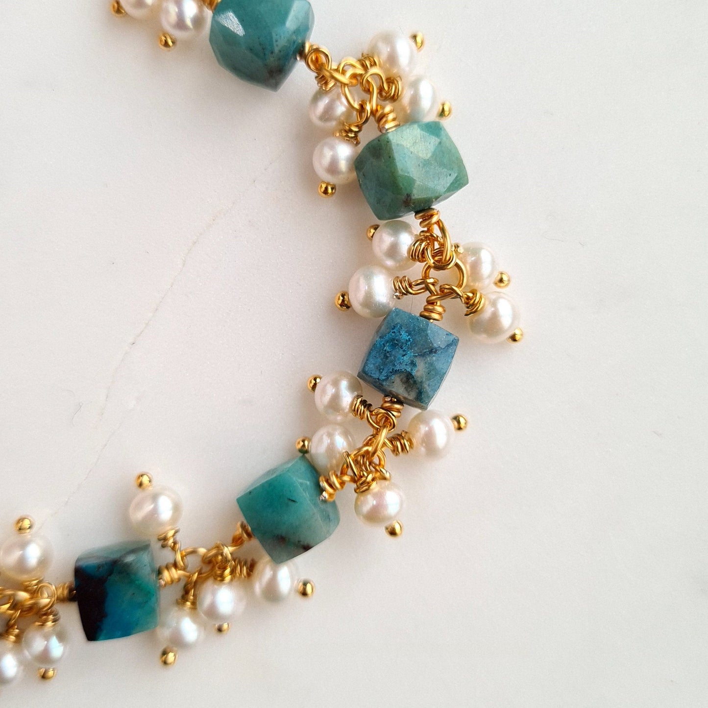 Chrysocolla with Fresh Water Pearl Cluster Bracalet