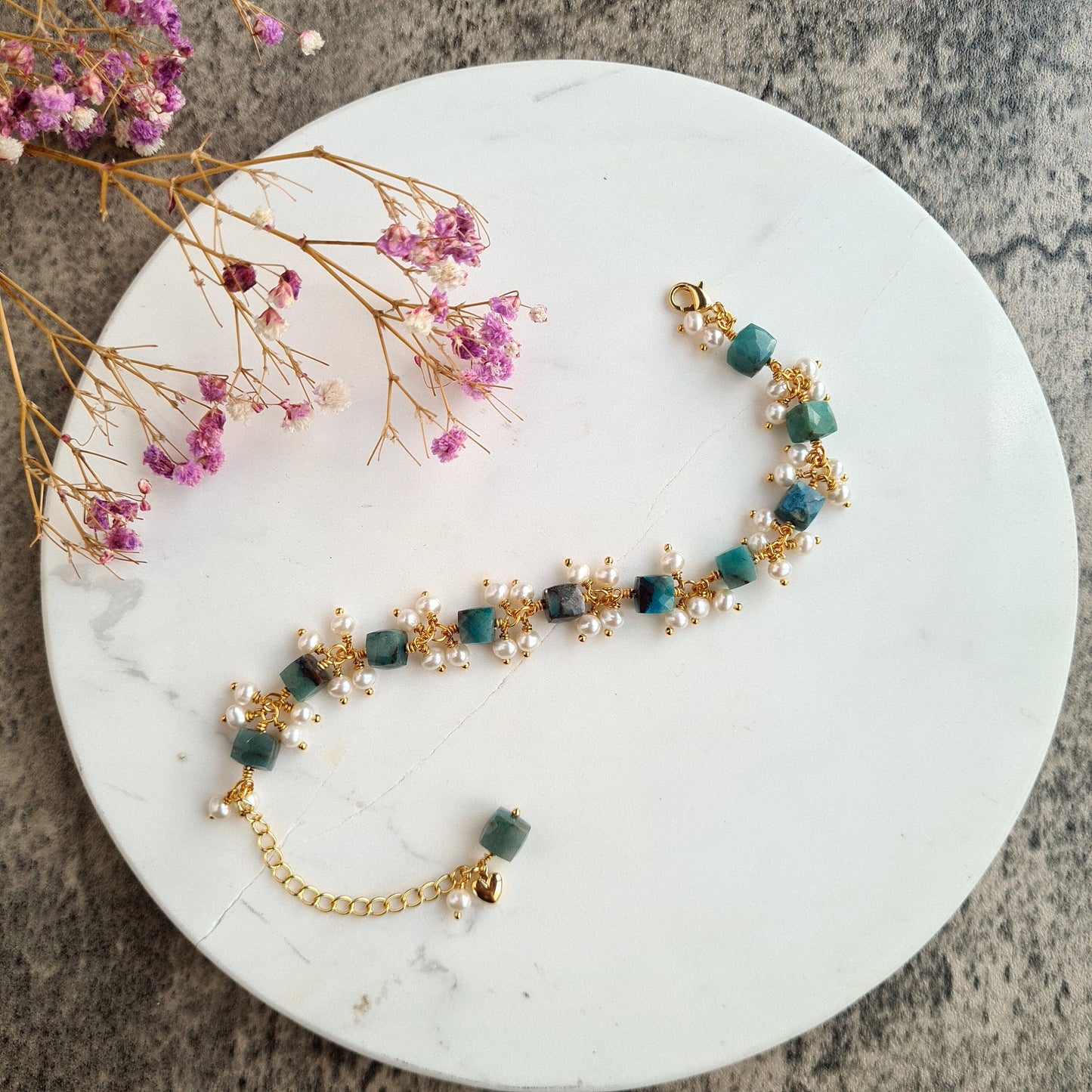 Chrysocolla with Fresh Water Pearl Cluster Bracalet