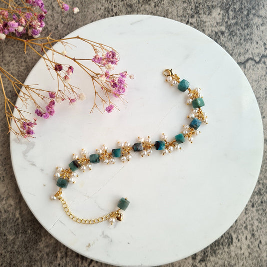 Chrysocolla with Fresh Water Pearl Cluster Bracalet