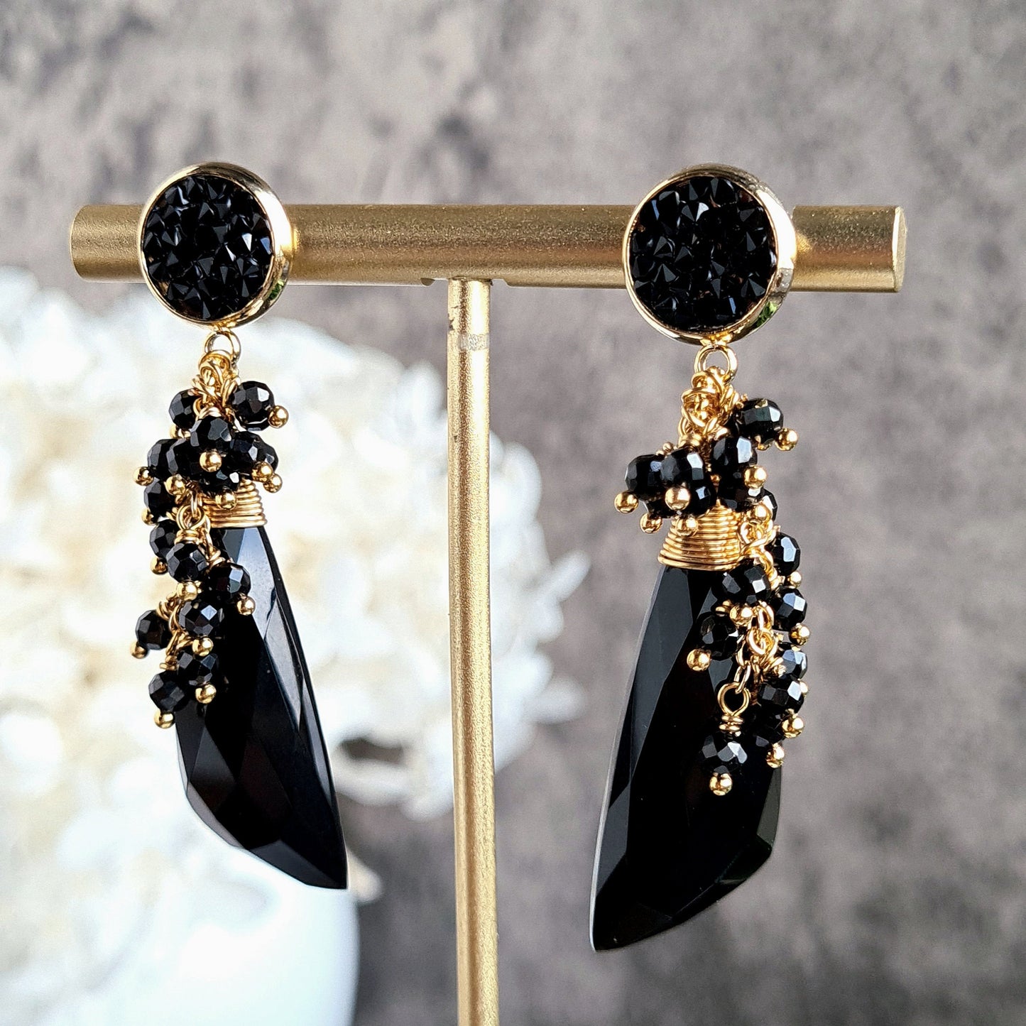 Black Onyx with Black Spinel Cluster Earring on Black pave stud