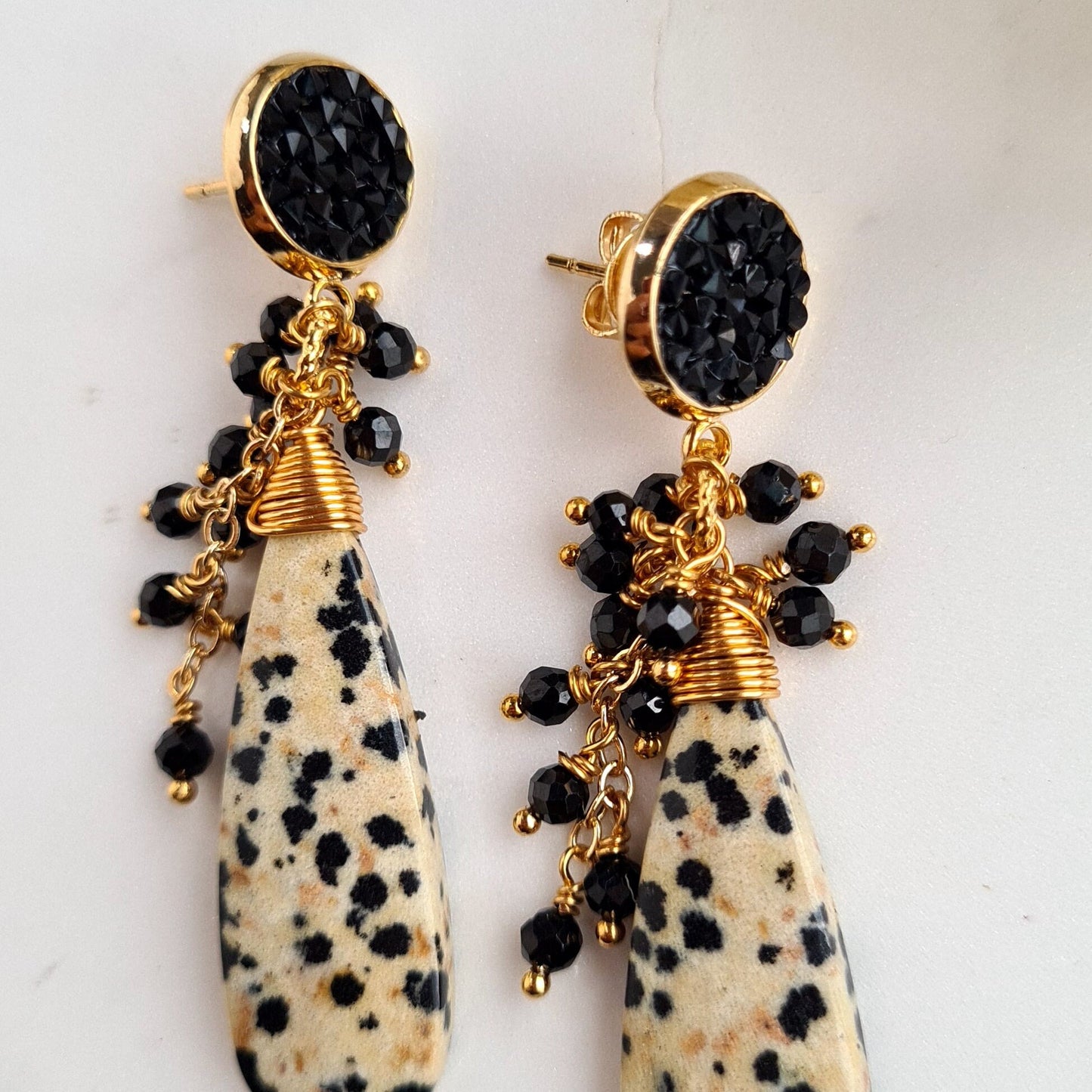 Dalmantian Jasper with Black Spinel Gemstone Cluster Earrings
