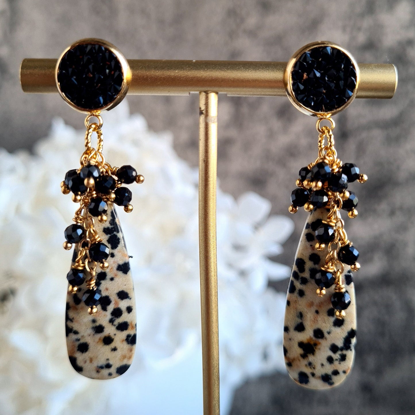 Dalmantian Jasper with Black Spinel Gemstone Cluster Earrings