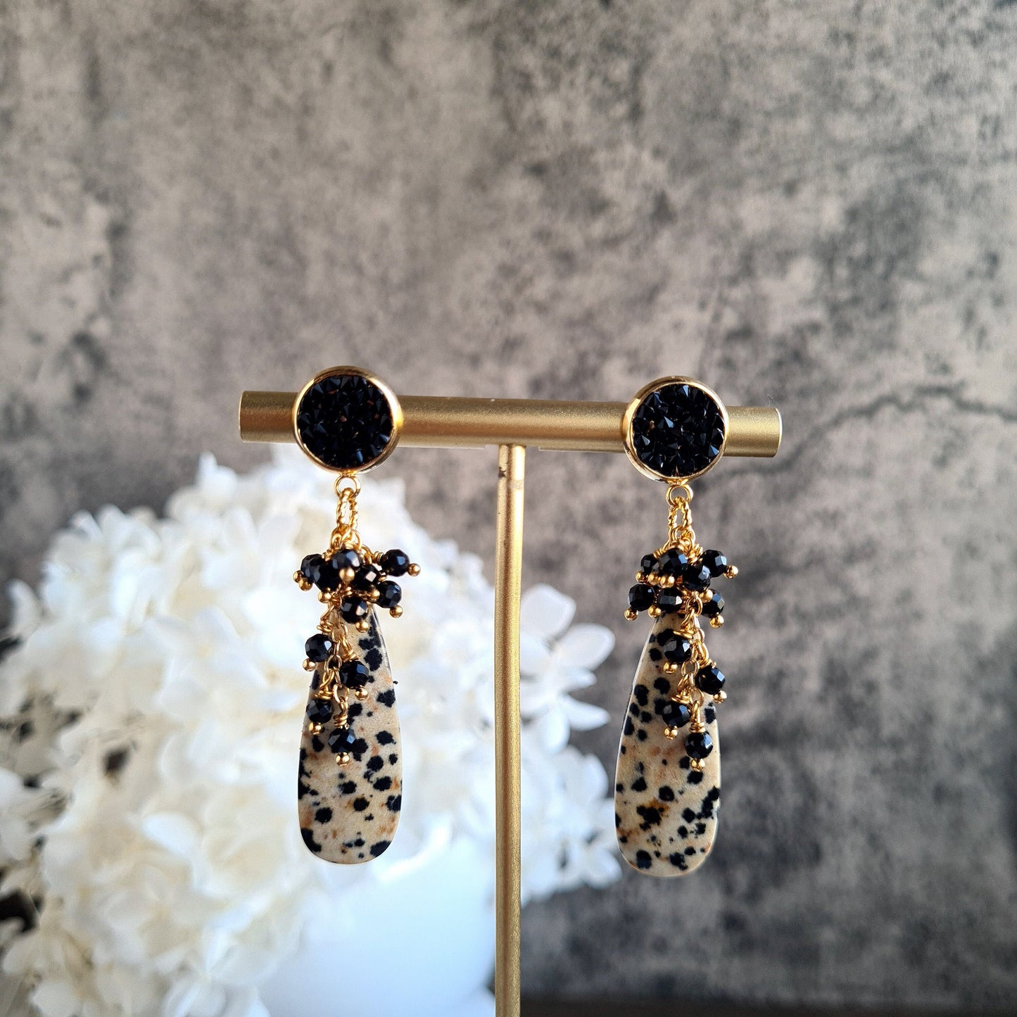 Dalmantian Jasper with Black Spinel Gemstone Cluster Earrings