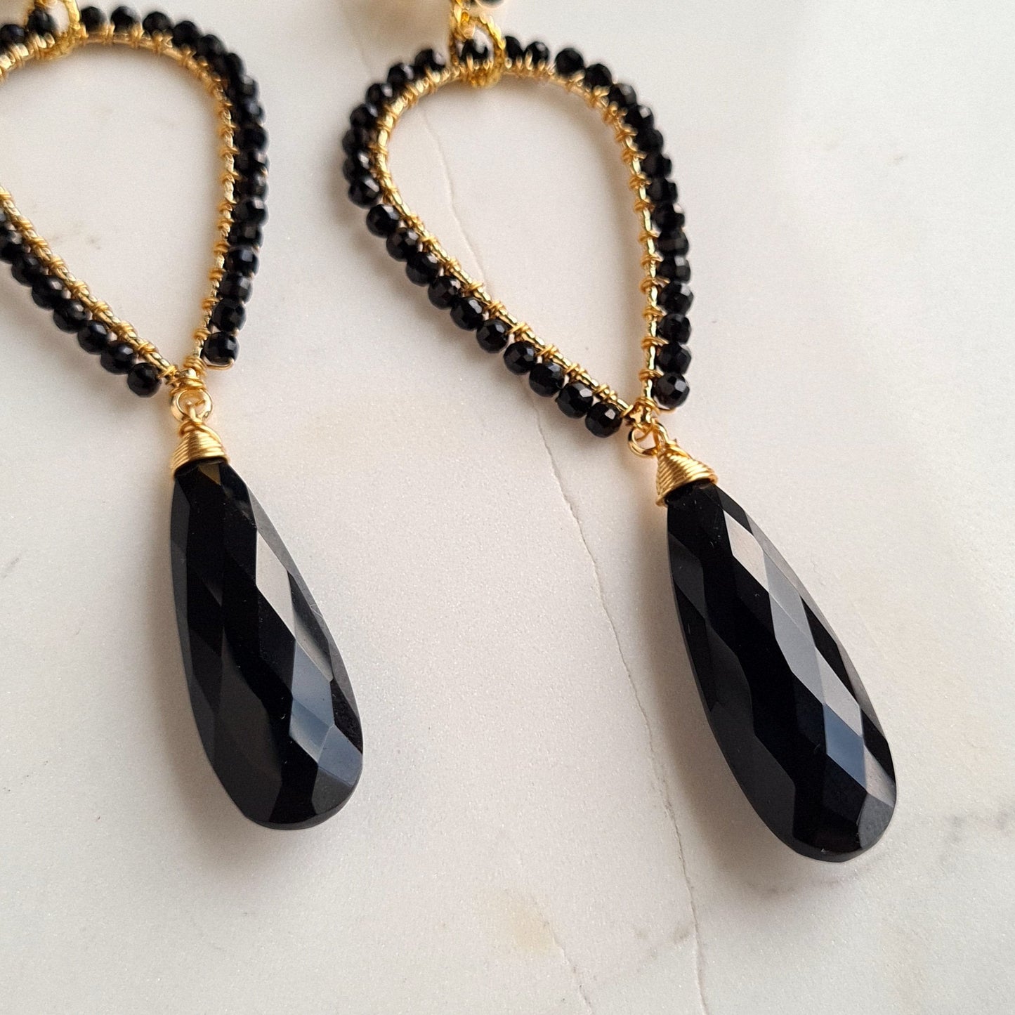 Black Onyx & Black Spinel Inverted Tear Drop Gemstone Earrings
