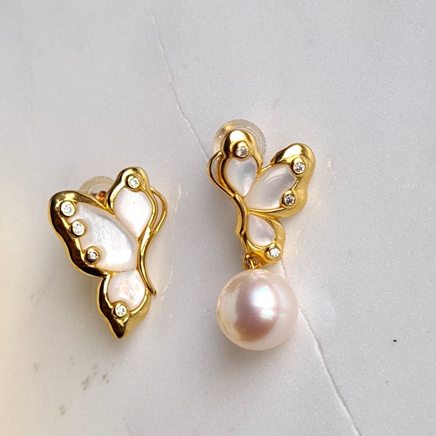 Asymmetrical Fresh Water Pearl Butterfly Earrings in S925