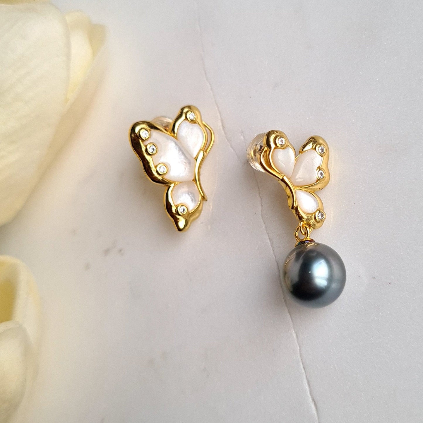 Asymmetrical Tahitian Pearl Butterfly Earrings in S925