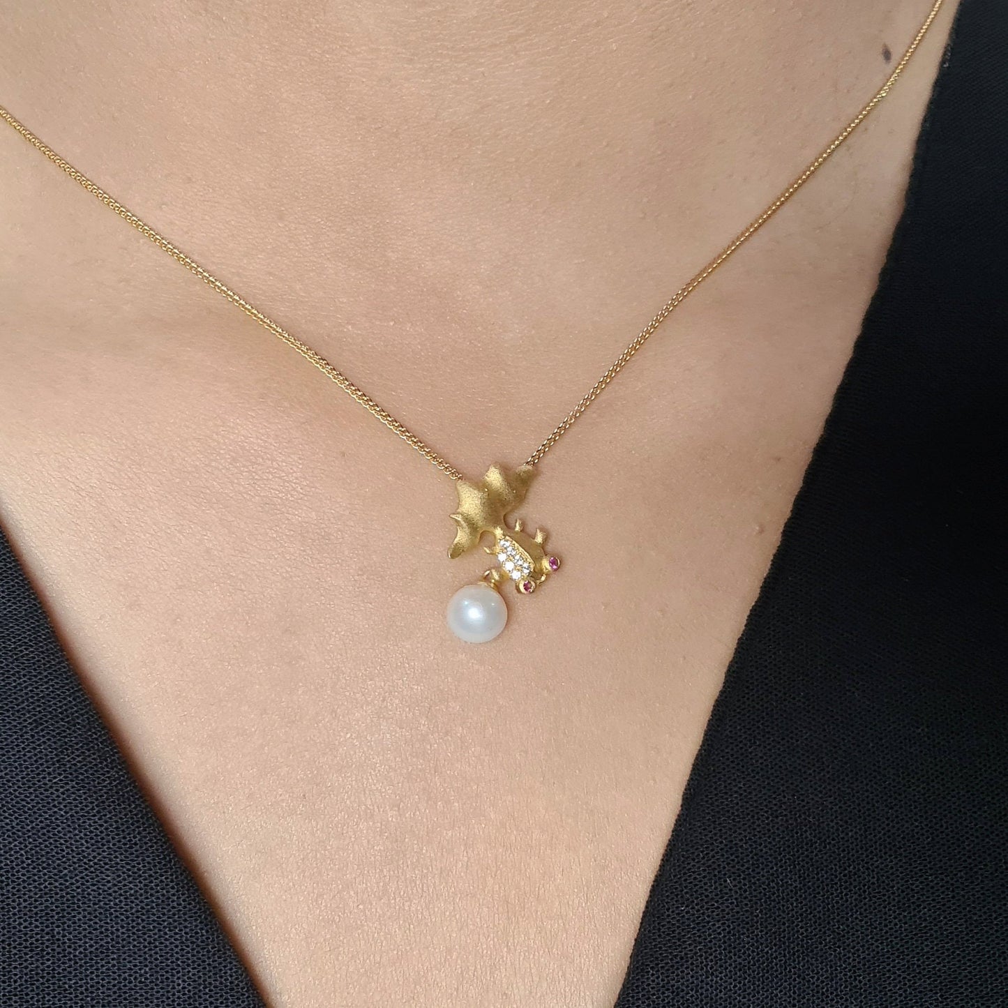 Gold Fish Vermeil Pendant with Chain with AAA fresh water Pearl Necklace