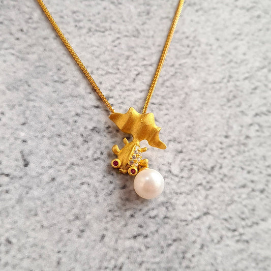 Gold Fish Vermeil Pendant with Chain with AAA fresh water Pearl Necklace
