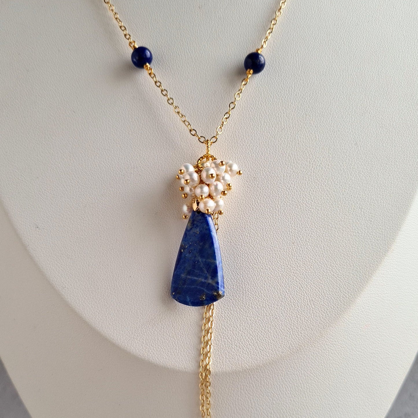 Lapis Lazuli Flat Cabochon with Fresh Water Pearl cluster Earrings & Necklace Set