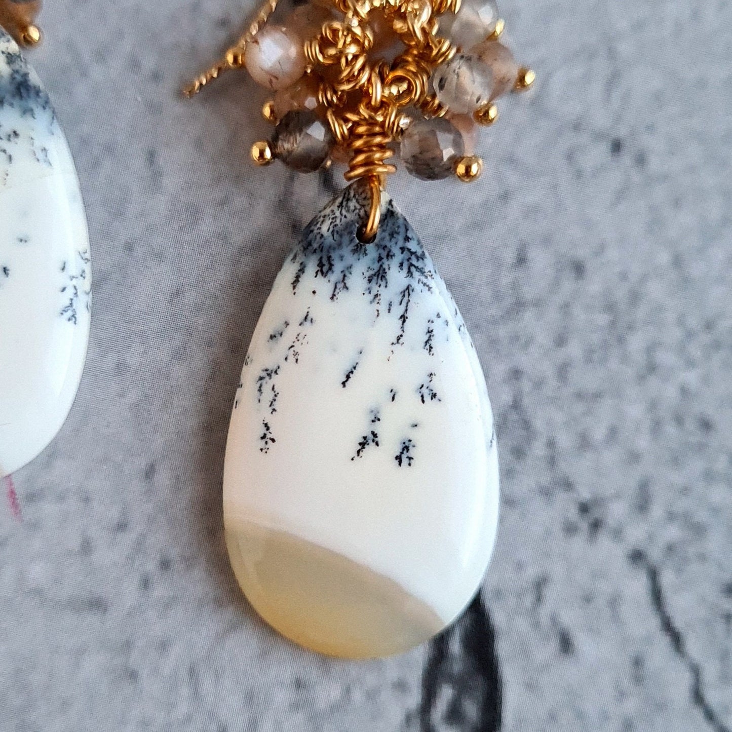 Dendrite Agate Cabochon Earrings & Pendant with chain Necklace Set