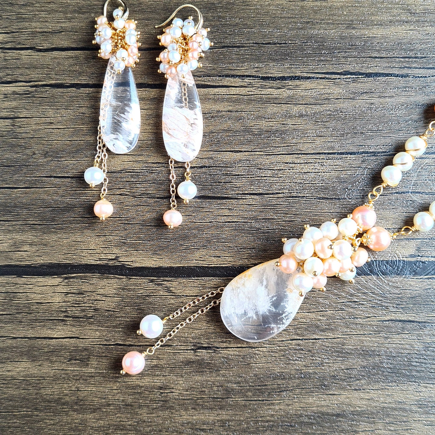 Clear Quartz with Fresh Water Pearl Necklace & Earrings Set
