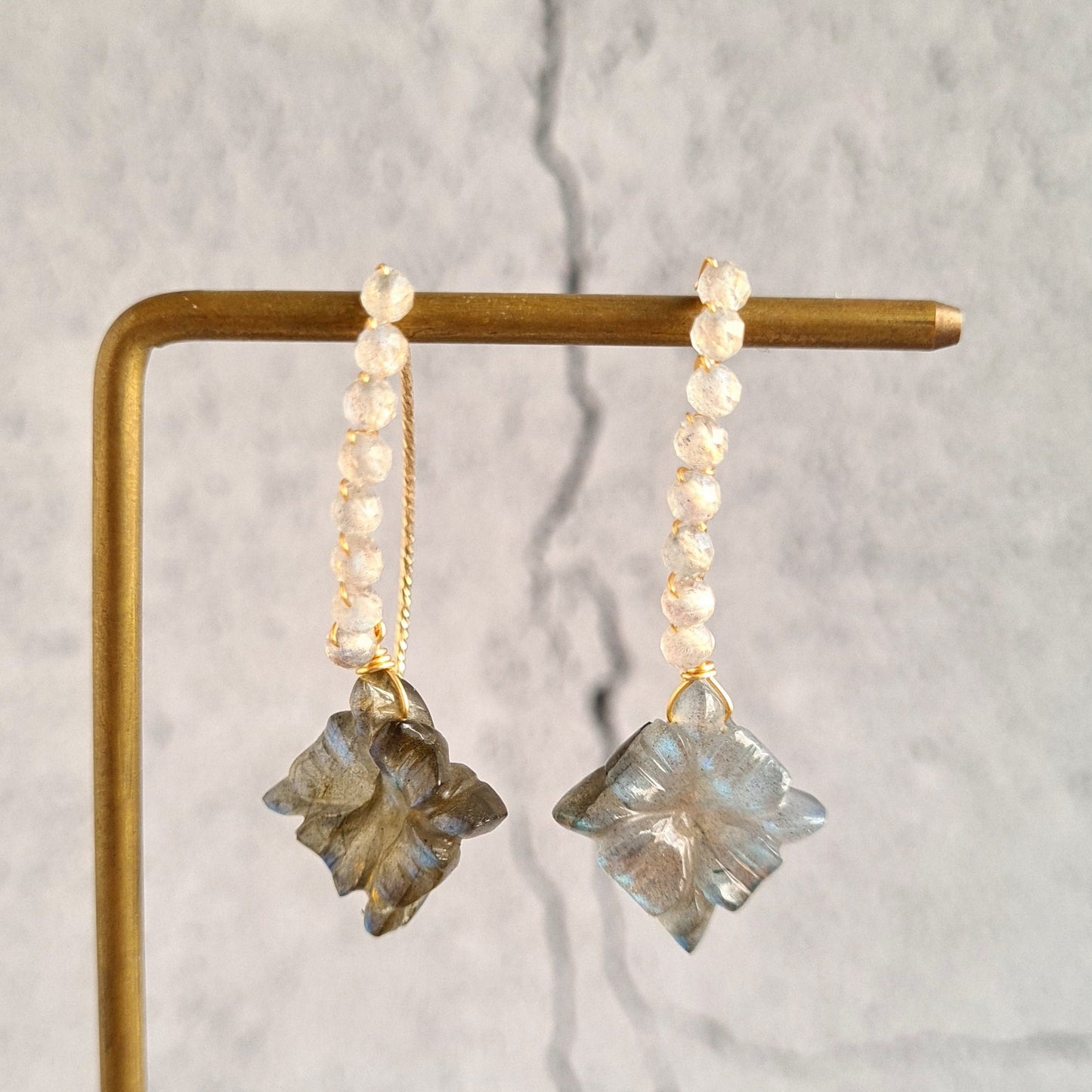 Carved Labradorite wire wrap V Hook Gemstone Earrings