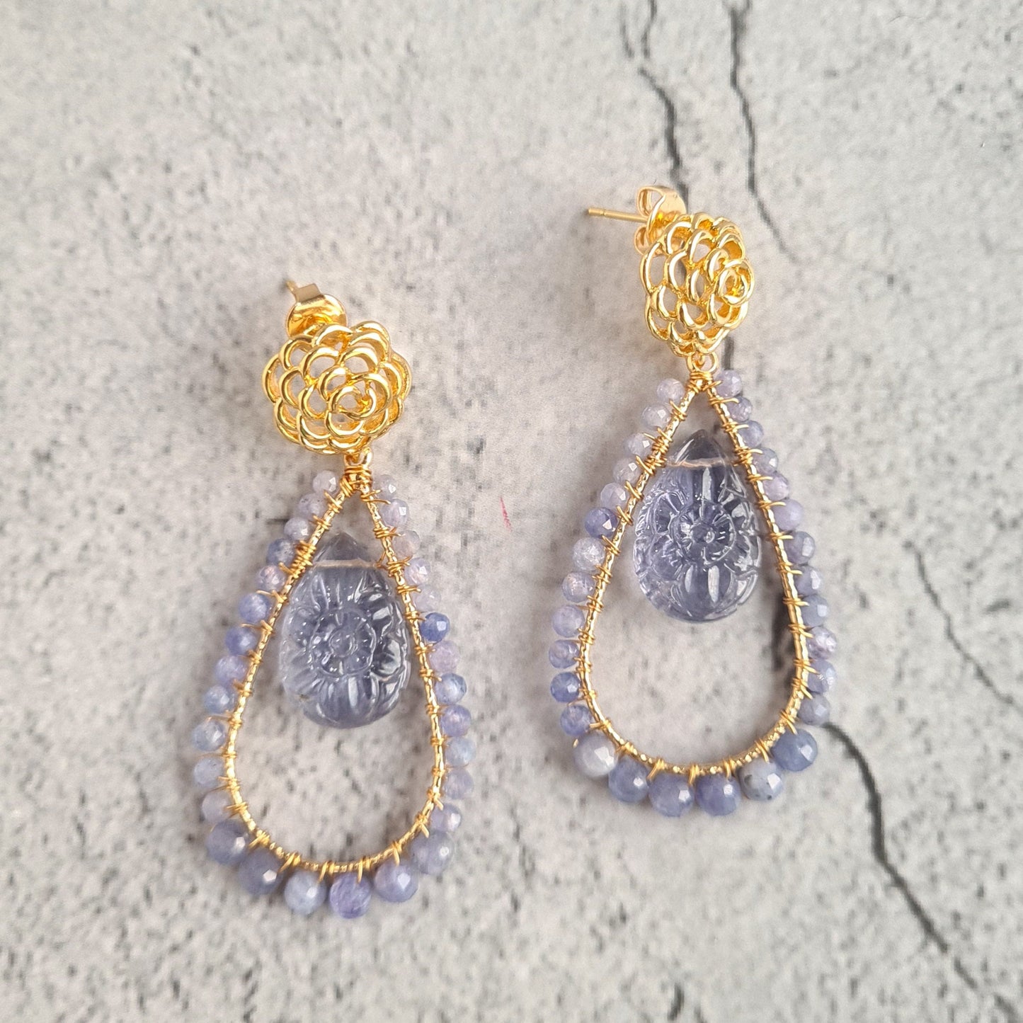 Carved Amethyst Pear with Tanzanite wire Wrap Gemstone Earrings