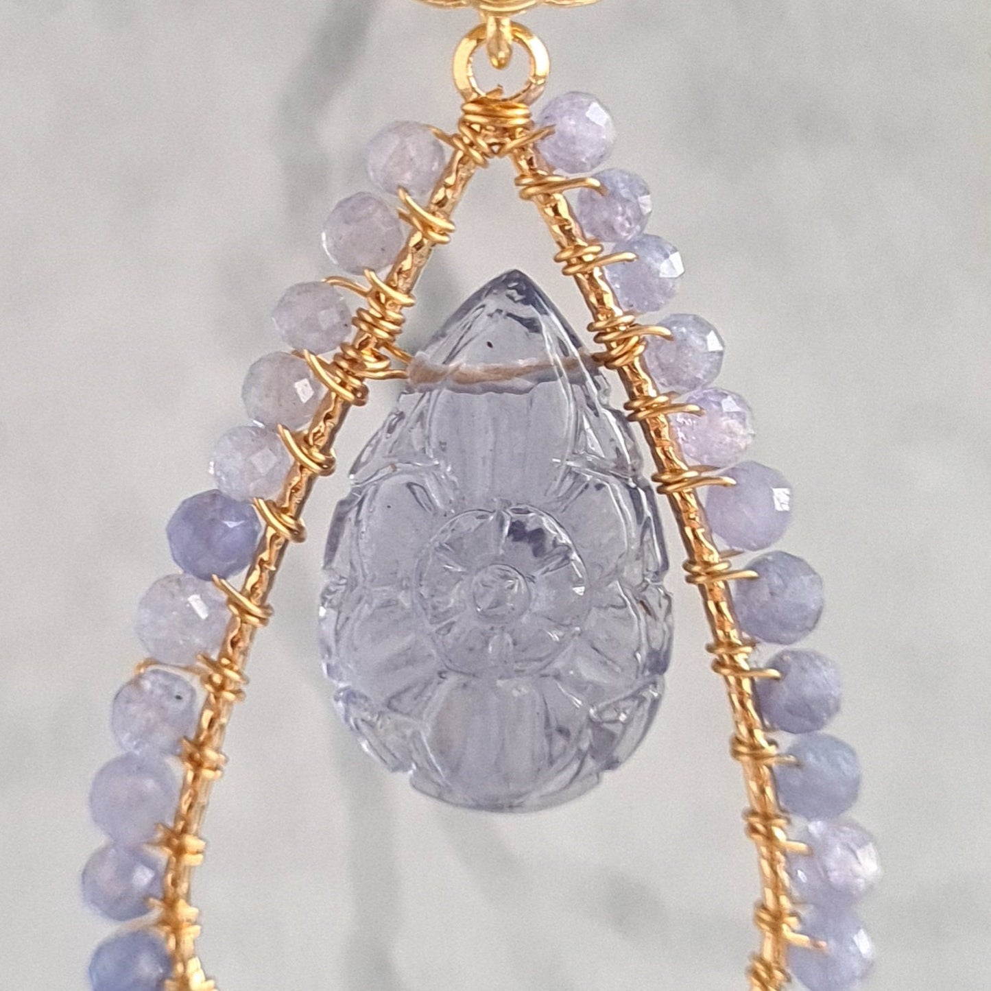 Carved Amethyst Pear with Tanzanite wire Wrap Gemstone Earrings