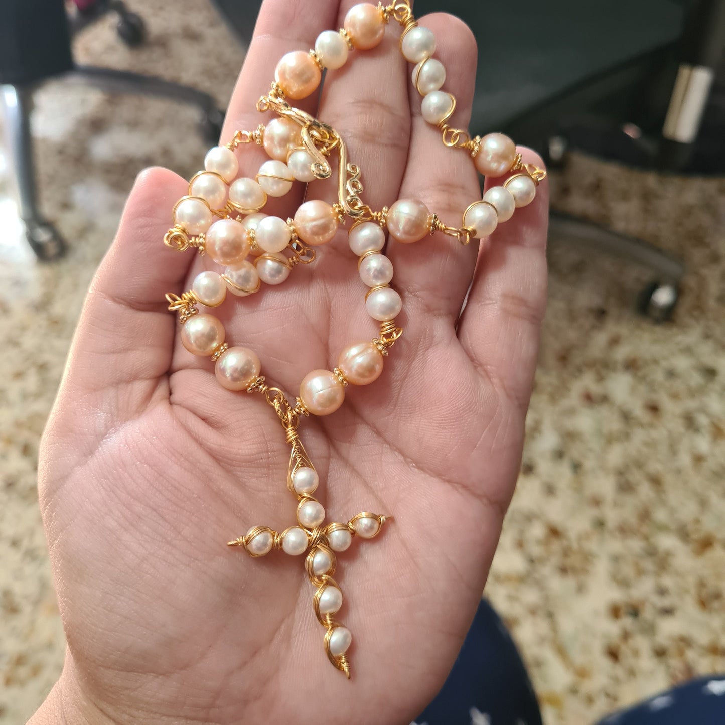 Fresh water pearl Necklace with Cross Pendant - Custom Made