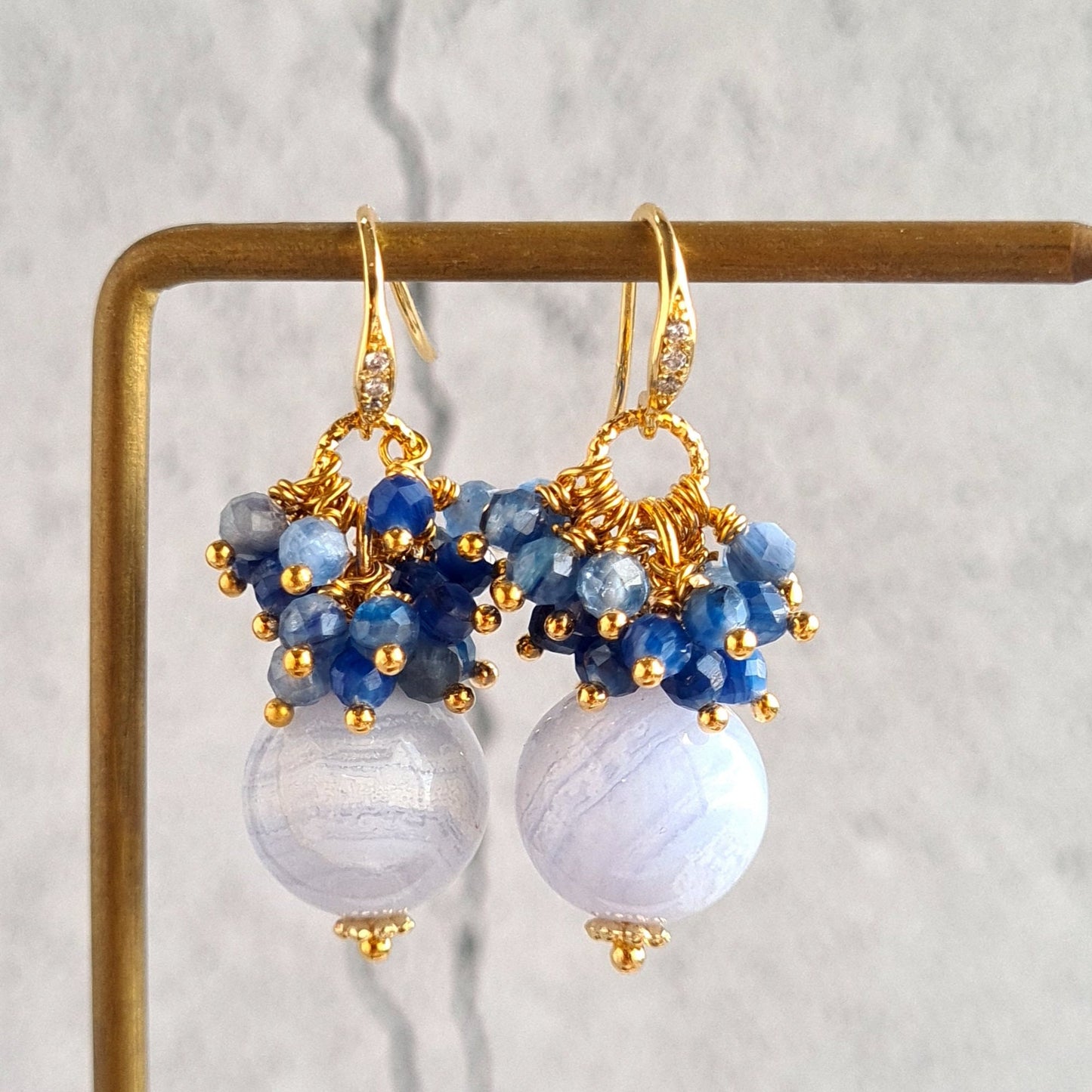 Blue Laca Agate with Kyanite Gemstone Cluster Earrings, Pendant, Necklace Set