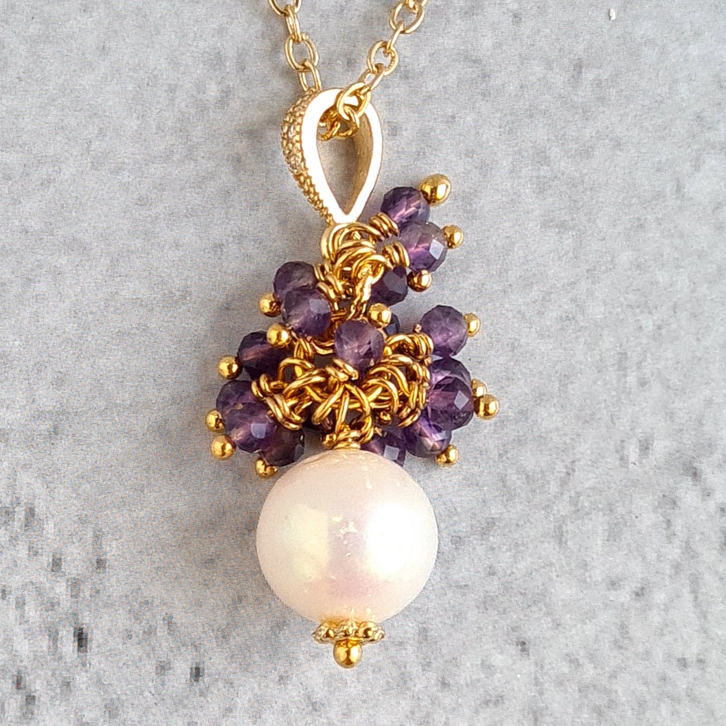 Fresh Water Pearl with Amethyst Gemstone Cluster Earrings, Pendant, Necklace Set