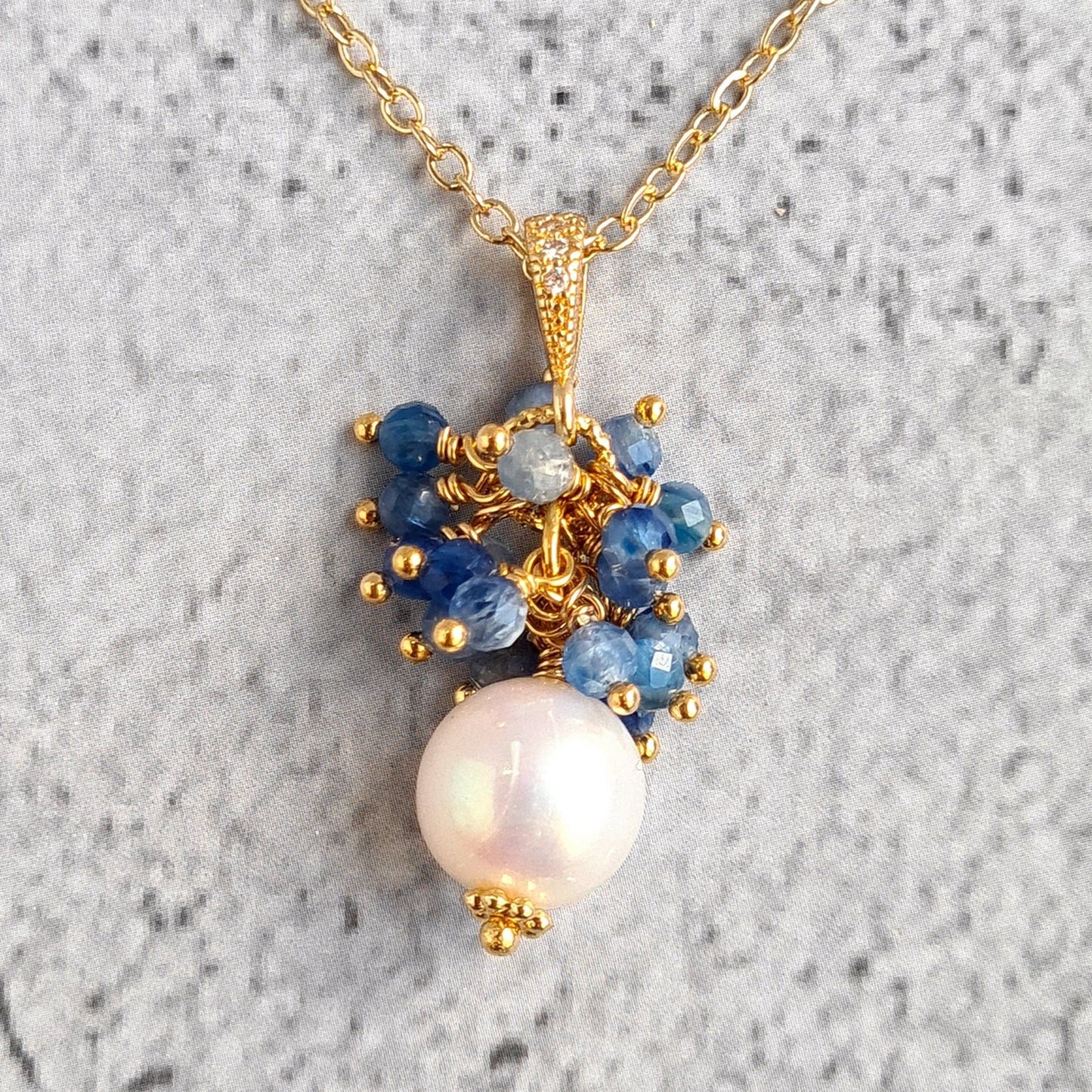 Fresh Water Pearl with Kyanite Gemstone Cluster Earrings, Pendant, Necklace Set