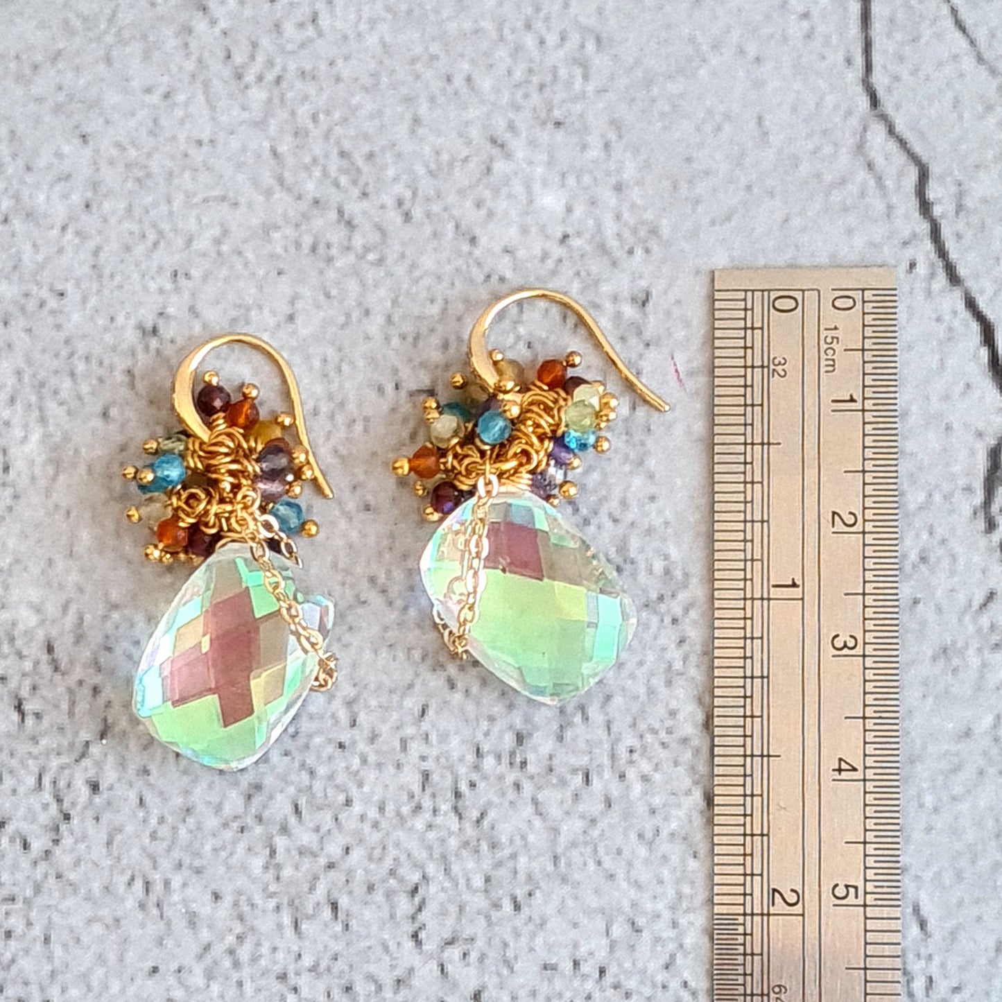 Rainbow Quartz Brick with Rainbow Gemstone Cluster Earrings