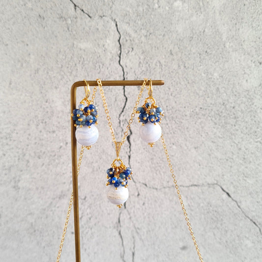 Blue Laca Agate with Kyanite Gemstone Cluster Earrings, Pendant, Necklace Set