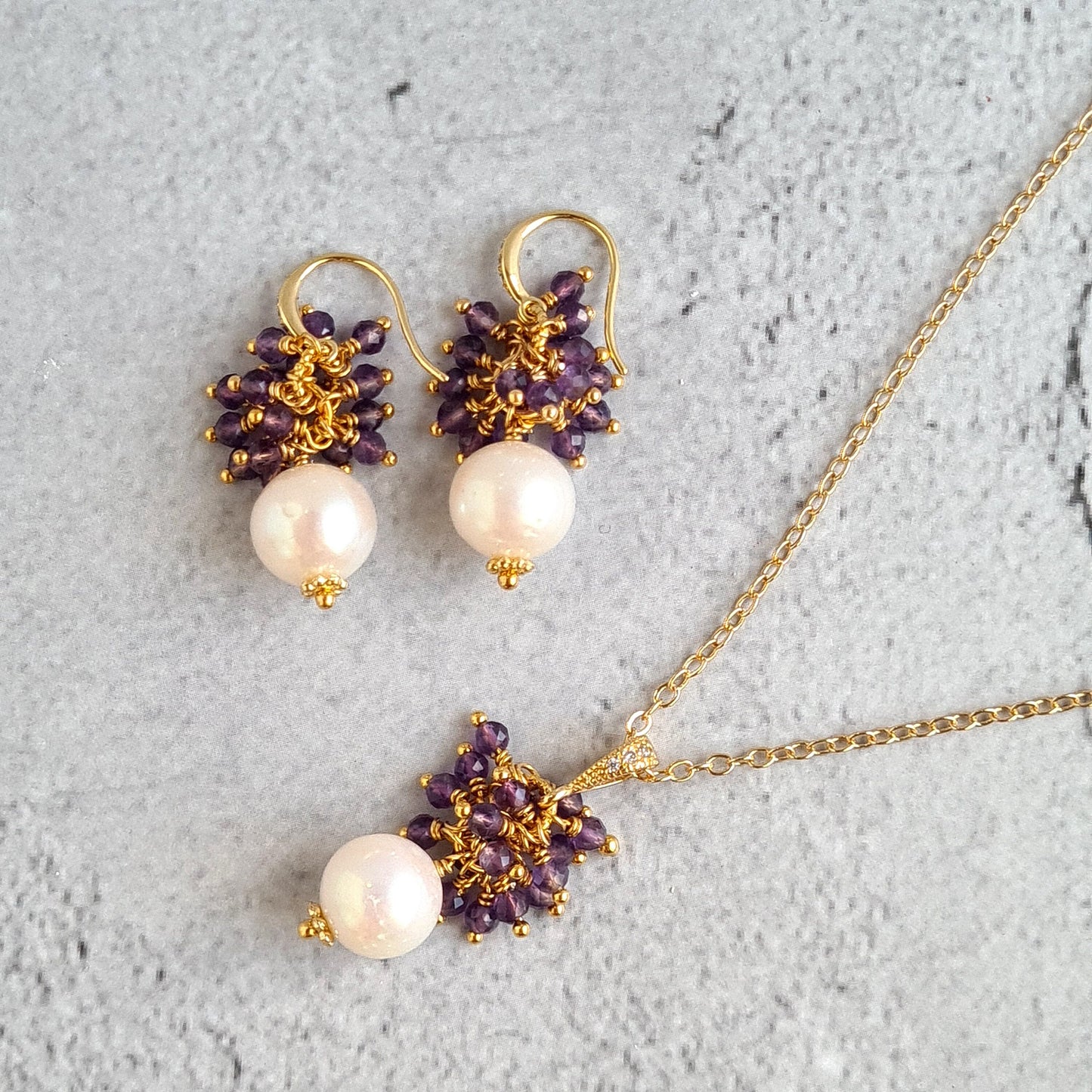 Fresh Water Pearl with Amethyst Gemstone Cluster Earrings, Pendant, Necklace Set