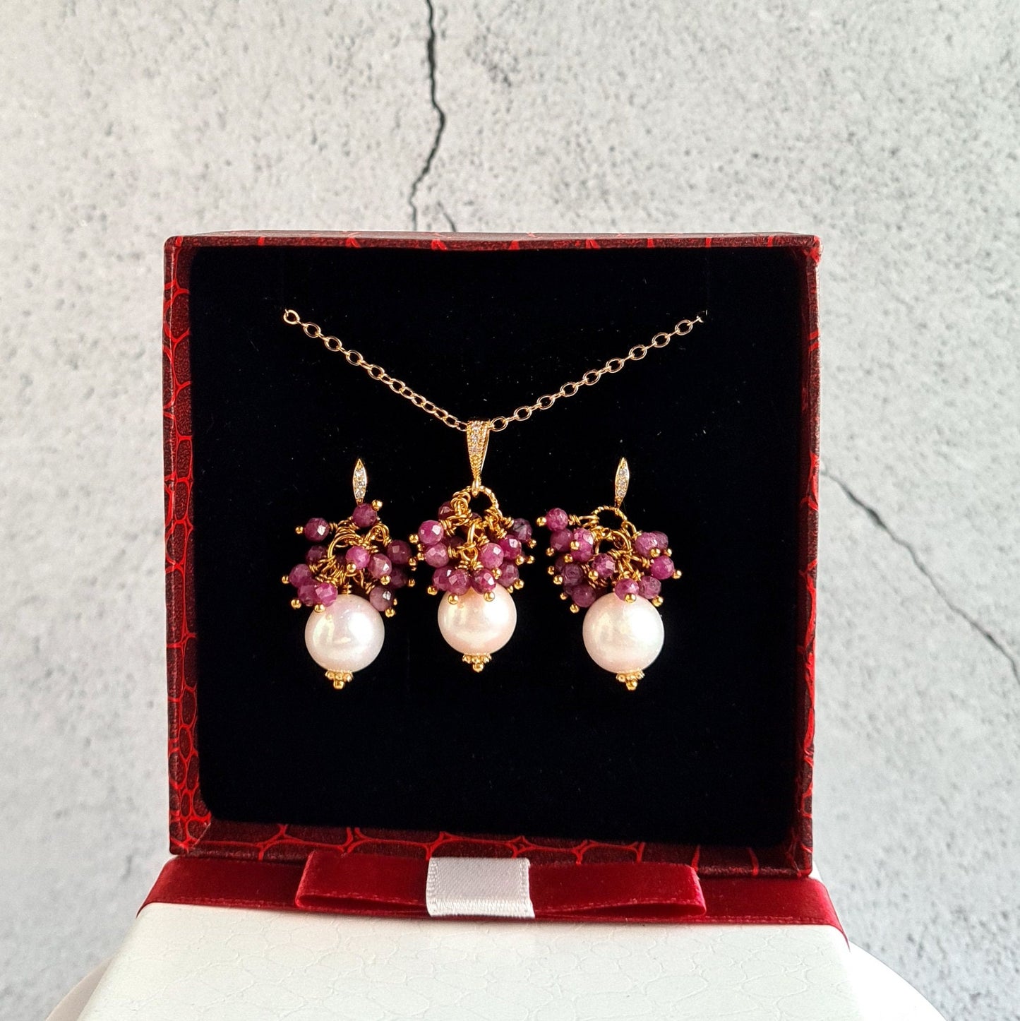 Fresh Water Pearl with Ruby Gemstone Cluster Earrings, Pendant, Necklace Set