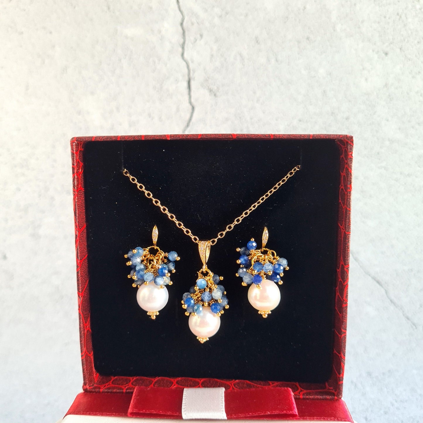 Fresh Water Pearl with Kyanite Gemstone Cluster Earrings, Pendant, Necklace Set