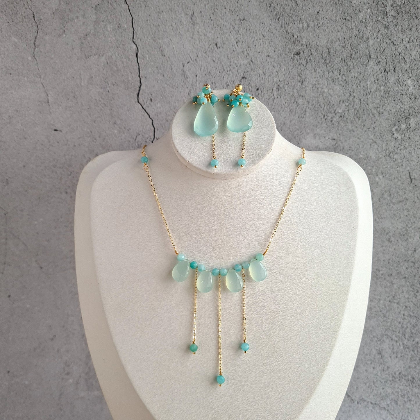 Aqua Blue Chalcedony Cluster Gemstone with Amazonite Earrings & Necklace Set