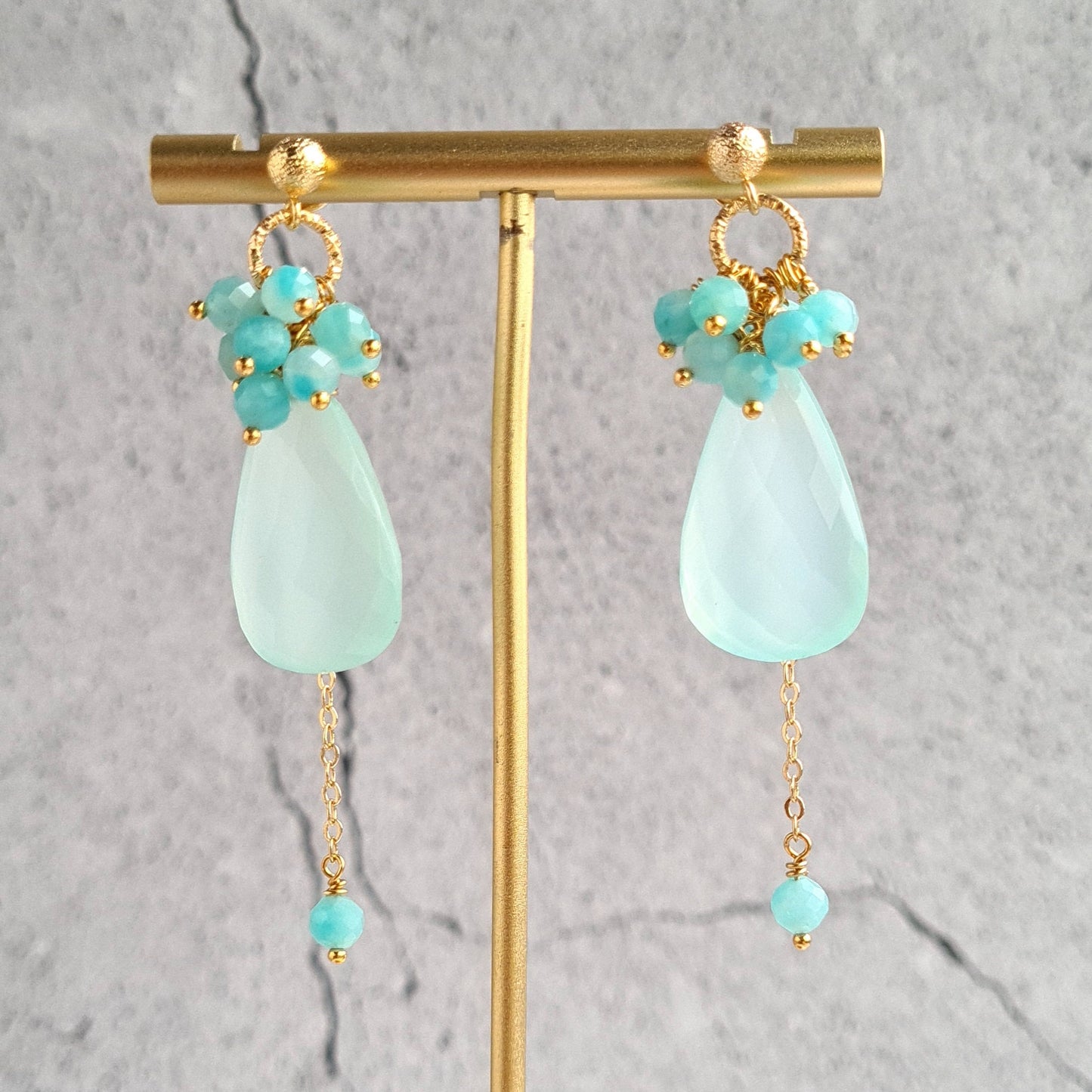 Aqua Blue Chalcedony Cluster Gemstone with Amazonite Earrings & Necklace Set