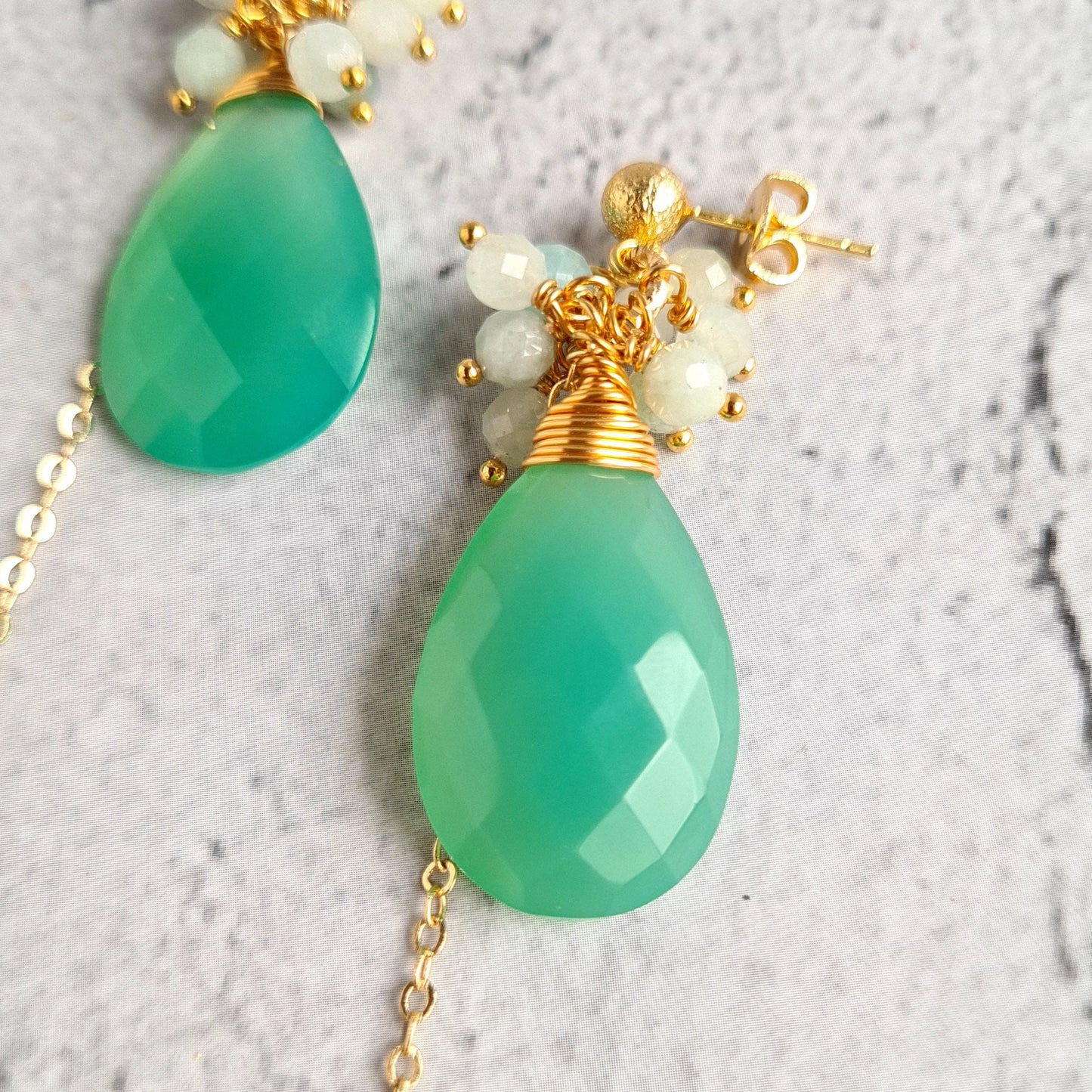 Parrot Green Chalcedony with Jade Cluster Gemstone Earrings