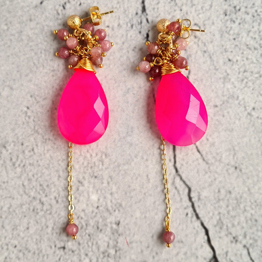 Dark Pink Chalcedony with Tourmaline Cluster Gemstone Earrings