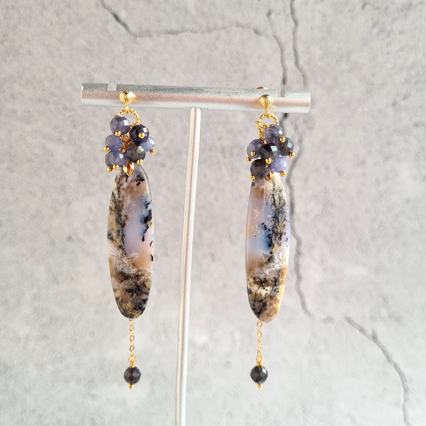 Arborization Opal with Iolite & Tanzanite Gemstone Cluster Earrings