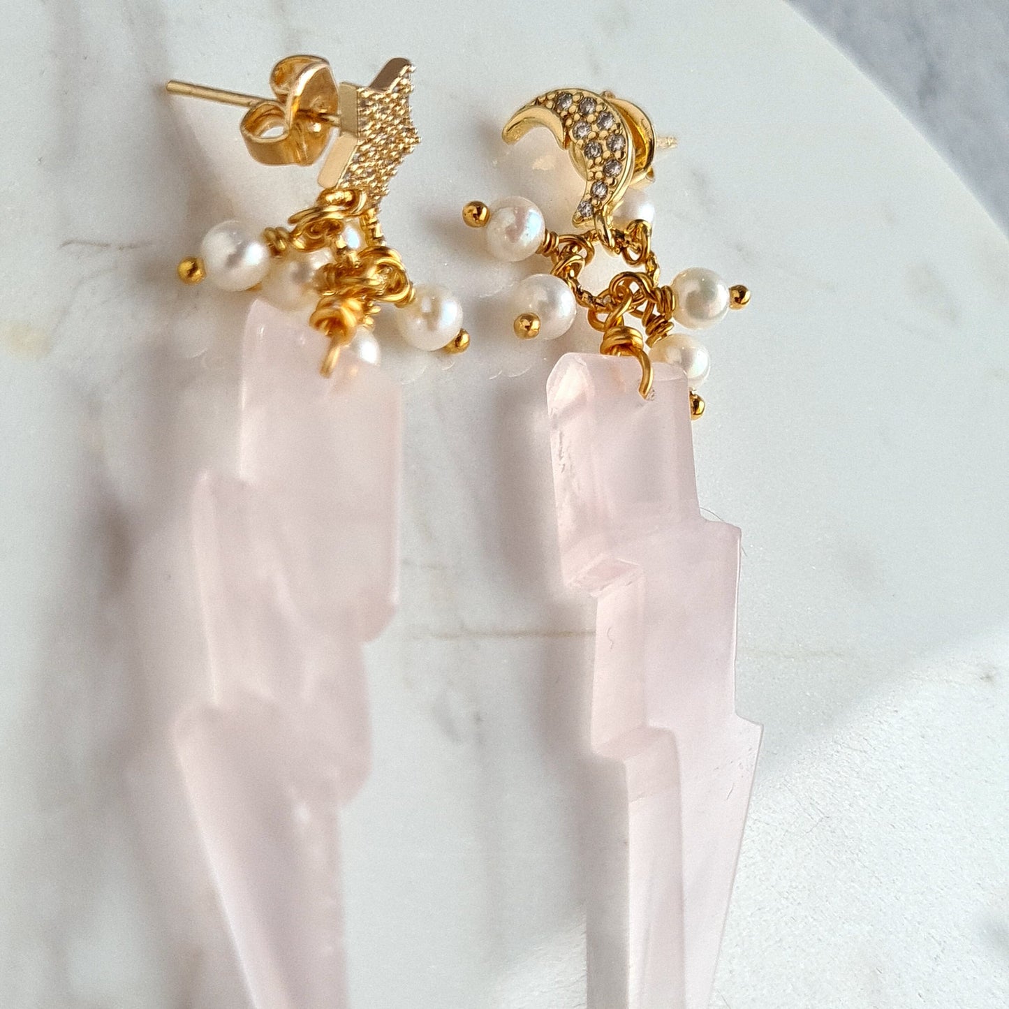 Rose Quartz Carved to Lightning Shape dressed with Fresh Water Pearl with Moon & Star Post Gemtone Earrings