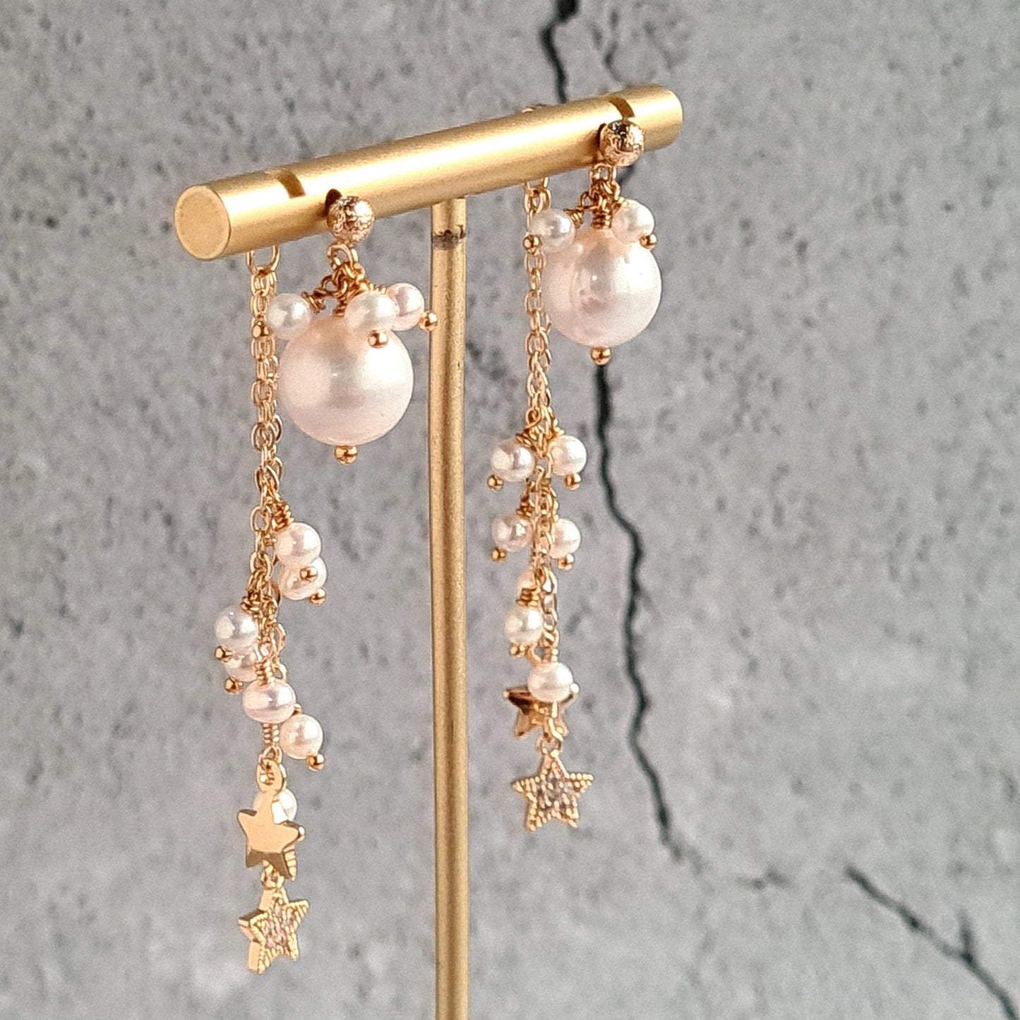 Fresh Water Pearl Cluster Earring with Embellished Trail of Pearl and Star Charm