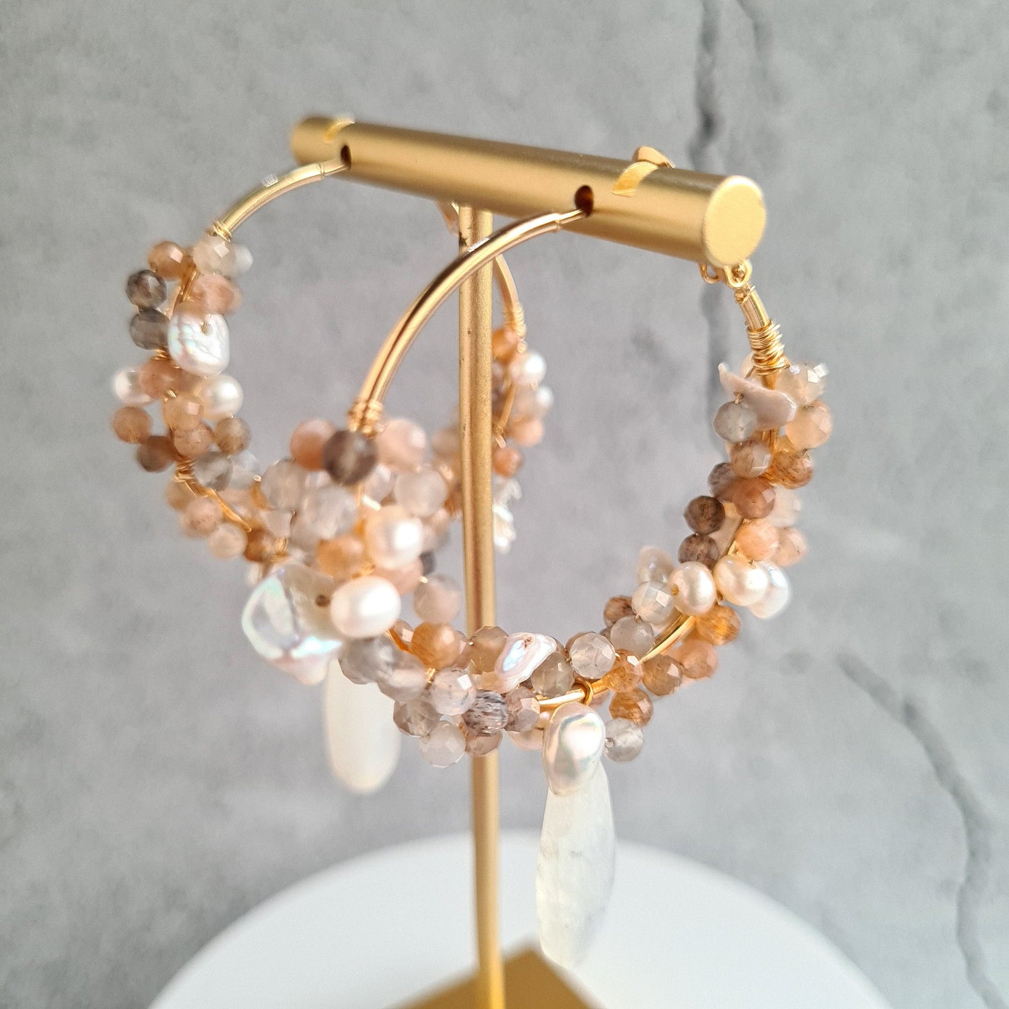 Hoop Fresh Water Pearl, Rainbow Moonstone & Multi Moonstone cluster wrapped Hoop Earrings